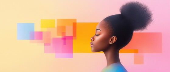 Black History Month abstract art backgrounds concept. Profile of a woman with natural hair, set against a colorful abstract background, conveying creativity and serenity.