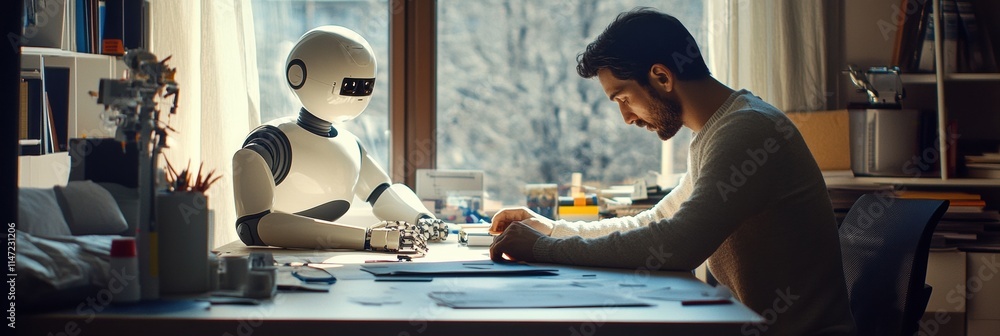 Leinwandbilder Collaboration between a human and robot at a desk working on a project together in a modern workspace. Generative AI