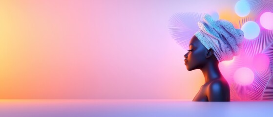 Fototapeta premium Black History Month abstract art backgrounds concept. A serene profile of a woman with a colorful headwrap against a vibrant, dreamy background of soft lights.