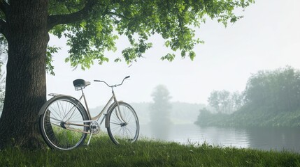 Obraz premium Vintage bicycle parked under a tree by a foggy river.