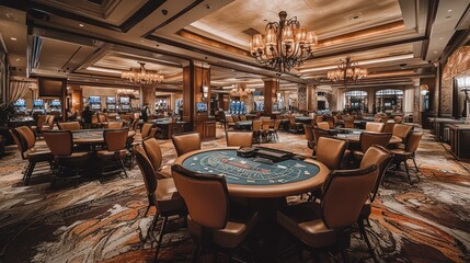 Fototapeta premium Luxurious casino interior with gaming tables, chandeliers, and ornate decor.
