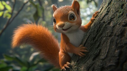 Fototapeta premium Adorable red squirrel clinging to a tree trunk in a forest.