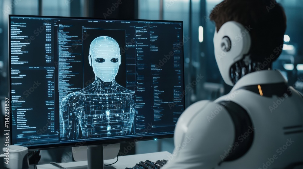 Aufkleber Collaboration between human and artificial intelligence in a futuristic workspace setting. Generative AI