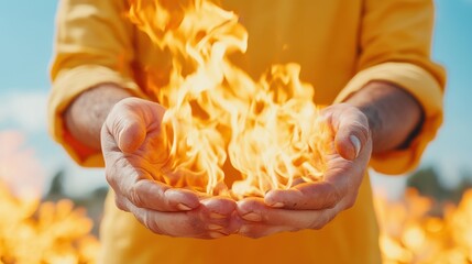 A person holding a vivid flame in their hands, symbolizing safety and awareness for Burn Awareness Week, against a bright outdoor backdrop.