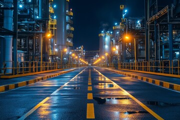 Fototapeta premium A night view of an industrial facility with illuminated pathways and wet surfaces.