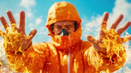 A person holding a vivid flame in their hands, symbolizing safety and awareness for Burn Awareness Week, against a bright outdoor backdrop.