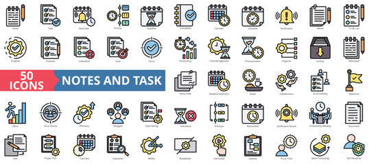 Notes and task icon collection set. Containing reminder, priority, deadline, completed, calendar, schedule, notification icon. Simple flat outline vector illustration