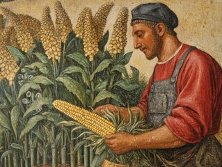 A man harvesting corn amidst tall stalks, depicting agricultural labor and rural life.