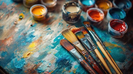 Fototapeta premium Creative workspace with artist brushes, vibrant paints, and blank canvases for inspiring artistic expression. Generative AI