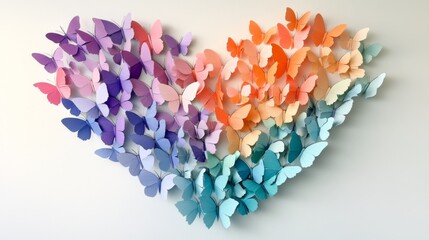 Floating butterfly heart design, spectrum of spring colors from teal to peach to violet, clean white background, handcrafted paper art, contemporary wall decoration, subtle shadows, professional
