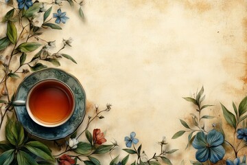 A serene scene featuring a cup of tea surrounded by floral designs on a textured background.