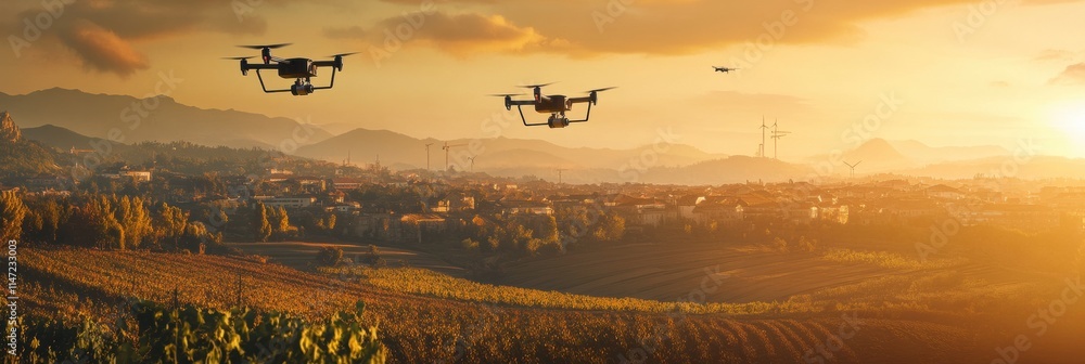 Poster Automated drones controlled by AI flying over a sunset city and farm landscape delivering goods and monitoring activity. Generative AI
