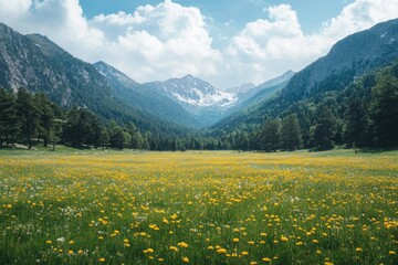 Fototapeta premium A serene landscape featuring a vibrant meadow surrounded by mountains and a blue sky.