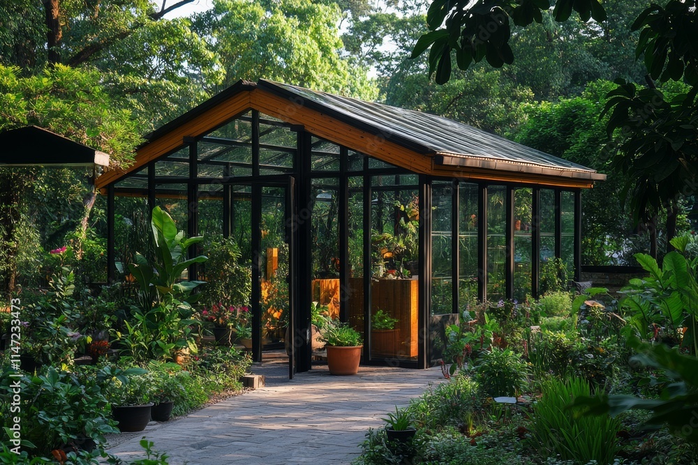 Wall mural A serene greenhouse surrounded by lush greenery, showcasing various plants and flowers.