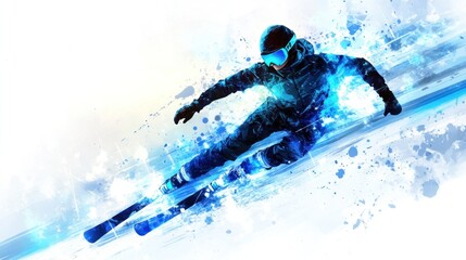 Naklejka premium Dynamic skier in blue suit carving down snowy slope, energy and motion.