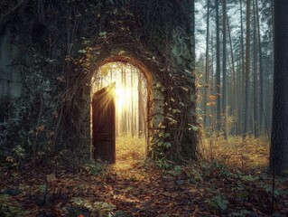 Obraz premium A mystical door in a forest, illuminated by sunlight, inviting exploration and wonder.