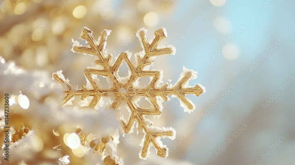 Poster gold snowflake on snowy branch with bokeh.