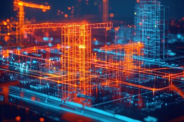 Obraz premium Abstract digital city construction, wireframe model of buildings and cranes.