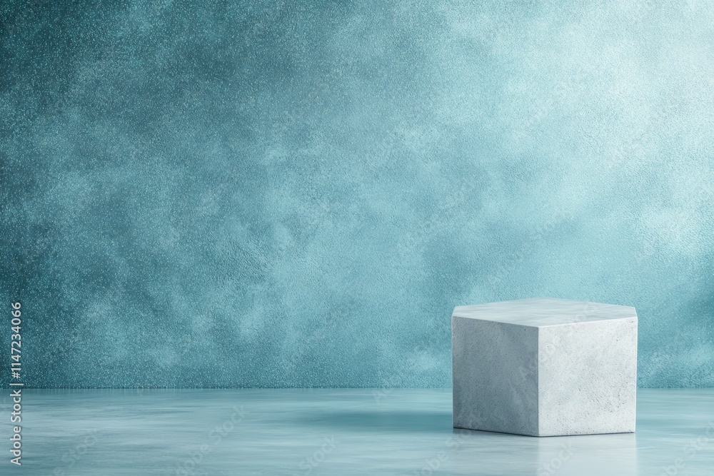 Poster a minimalistic scene featuring a concrete hexagonal pedestal against a textured blue backdrop.