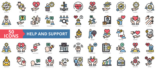 Help and support icon collection set. Containing assistance, service, aid, desk, guidance, relief, backing icon. Simple flat outline vector illustration