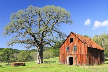Obraz premium A rustic red barn beside a large tree in a green landscape under a clear blue sky.
