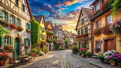 Obraz premium European Village Street Scene - Charming Architecture, Photorealistic AI