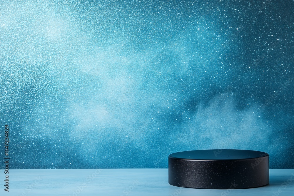 Poster a minimalistic display with a dark circular platform against a shimmering blue backdrop.