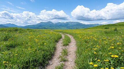 Winding dirt road through a vibrant wildflower meadow, leading to majestic mountains under a partly cloudy blue sky.