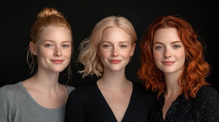 Three young women with different hair colors smiling against a black background.