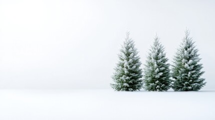 Obraz premium Three small pine trees covered in snow stand in a row on a clean white background with copy space.