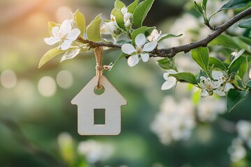 Springtime Home Sweet Home: A Wooden House Charm Hanging from a Blossoming Tree Branch