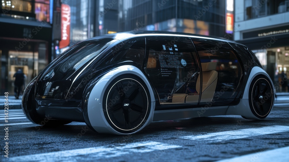 Poster a self-driving car traverses an urban environment, showcasing advanced onboard ai technology in real