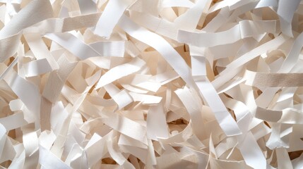 pile of shredded paper materials, mixed textures of white and brown paper strips, office waste documents, recycled materials, soft lighting, minimalist background, detailed paper fragments,