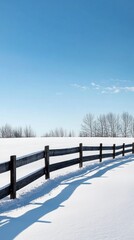 Naklejka premium Snow-covered field with wooden fence under a clear blue sky.