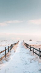 Snowy path between wooden fences vanishing into horizon.