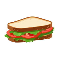 Sandwich with vegetable filling. Fast food, breakfast snack with greens, lettuce, tomato between bread toasts. Vector flat illustration isolated on white background