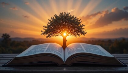 Sunrise Tree of Knowledge Open Book Wisdom Nature