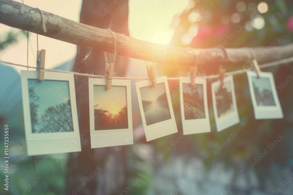 Poster polaroid photos hanging on a string in sunlight for a nostalgic display in a serene outdoor setting.