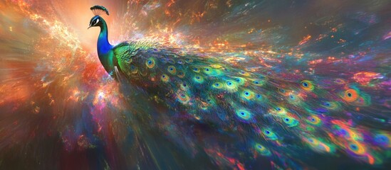 A vibrant peacock with iridescent tail feathers against a cosmic, colorful nebula background.
