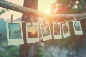 Polaroid photos hanging on a string in sunlight for a nostalgic display in a serene outdoor setting. Generative AI