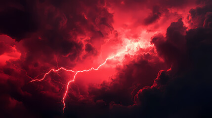 A dramatic red lightning strike illuminating dark stormy clouds. Illumine. Illustration