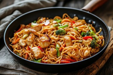 Delicious chicken stir-fry with noodles and mixed vegetables in a black pan.