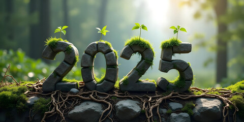 
New Year's Card with Stones and entwined with plant roots, forest and stone mountain background, and big number "2025" in the cente