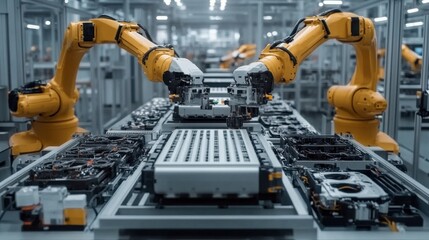 The robotic arm in the factory workshop is welding the chassis of an electric vehicle