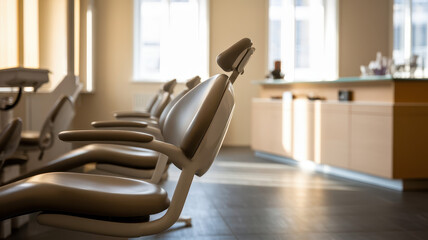 Modern dental clinic interior with beige dental chairs arranged neatly under natural light.