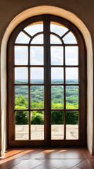 A large arched window offers a scenic view of lush greenery and distant hills.