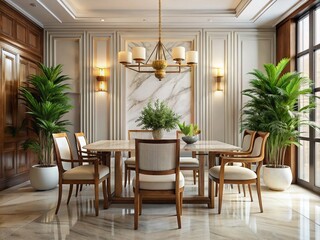Luxury Dining Room 3D Render, Empty Space, Modern Marble, Chinese Chairs