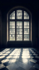 Fototapeta premium A dimly lit room featuring a large stained-glass window casting intricate shadows.