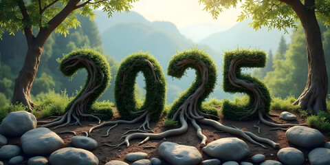 
New Year's Card with Stones and entwined with plant roots, forest and stone mountain background, and big number "2025" in the cente