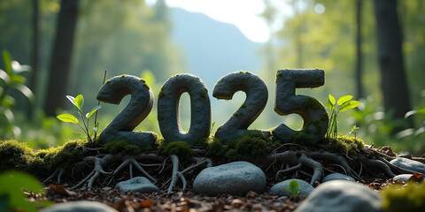 
New Year's Card with Stones and entwined with plant roots, forest and stone mountain background, and big number "2025" in the cente